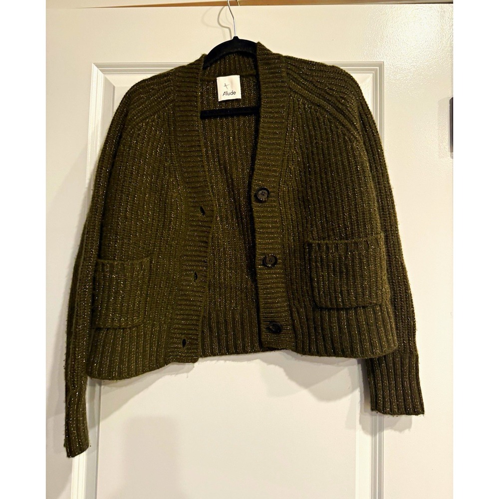 Allude Wool Cashmere Metallic Cardigan Sweater Olive Green Chunky Knit SIZE XS